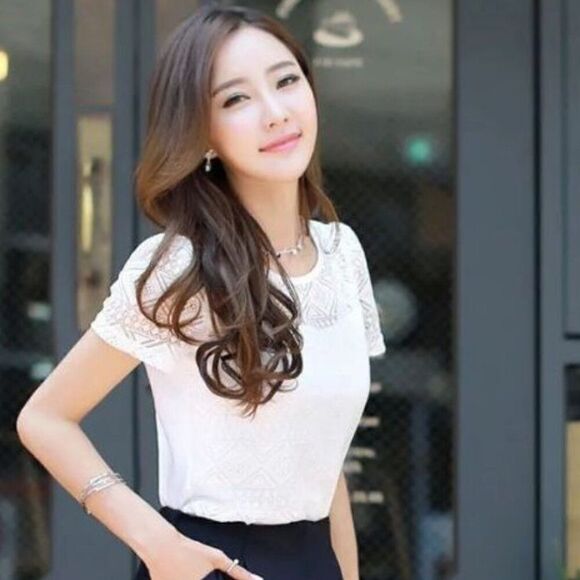 Chiffon & Lace Short Sleeve Blouse White Size M - Picture 4 of 7